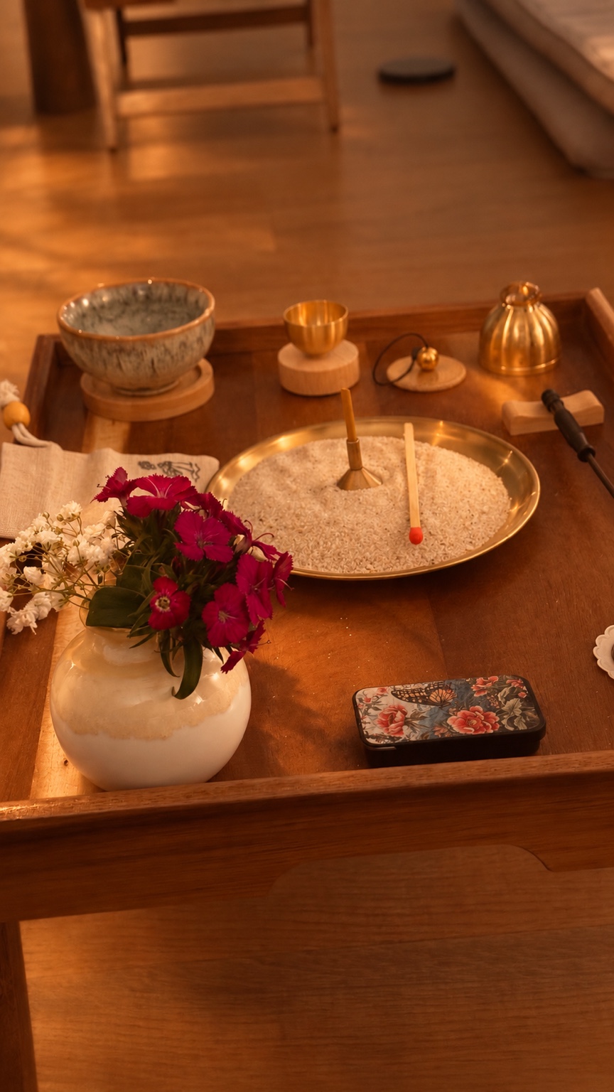Ritualtablett mit Sand, Streichholz, Klangschale und Blumen